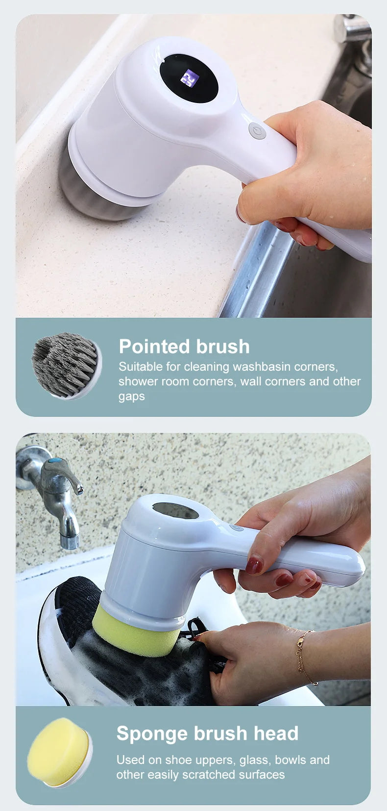 USB Electric Rotary Scrubber – 5 Brush Heads – Cordless Kitchen & Bathroom Cleaning Brush (White or Purple)