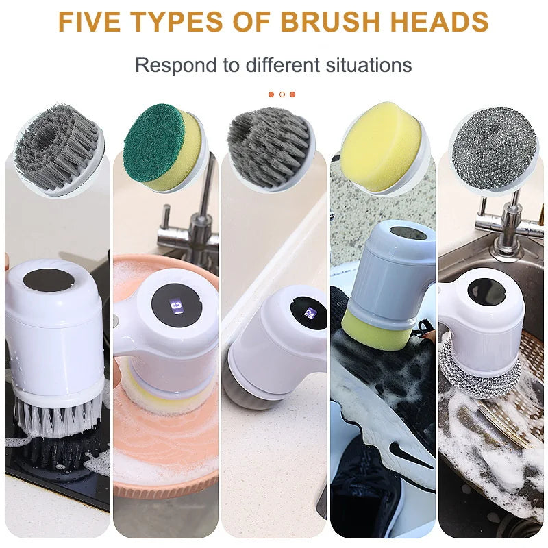 USB Electric Rotary Scrubber – 5 Brush Heads – Cordless Kitchen & Bathroom Cleaning Brush (White or Purple)