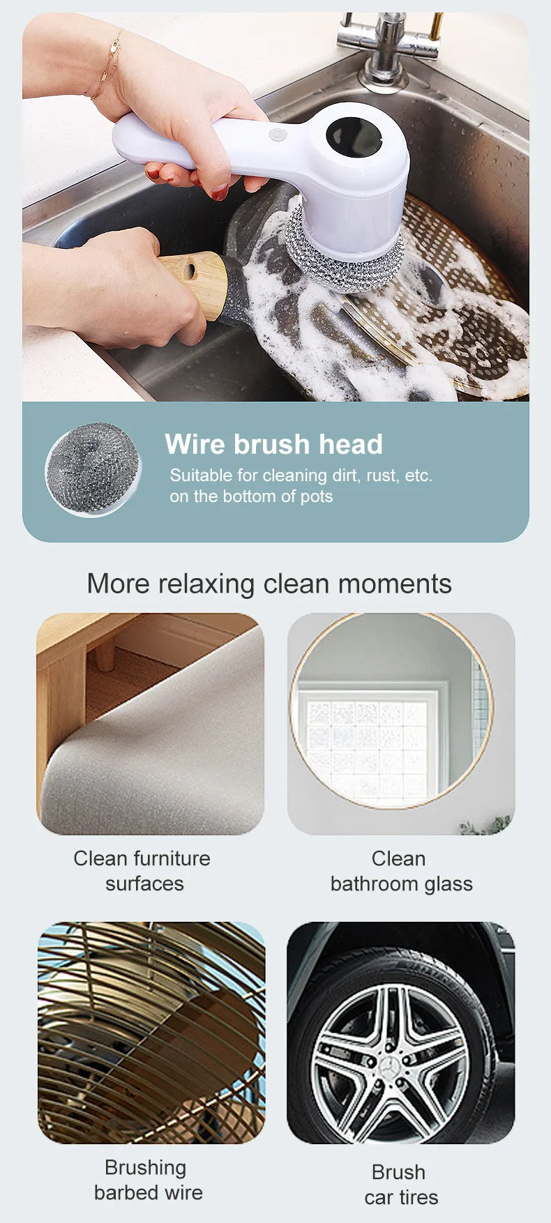 USB Electric Rotary Scrubber – 5 Brush Heads – Cordless Kitchen & Bathroom Cleaning Brush (White or Purple)