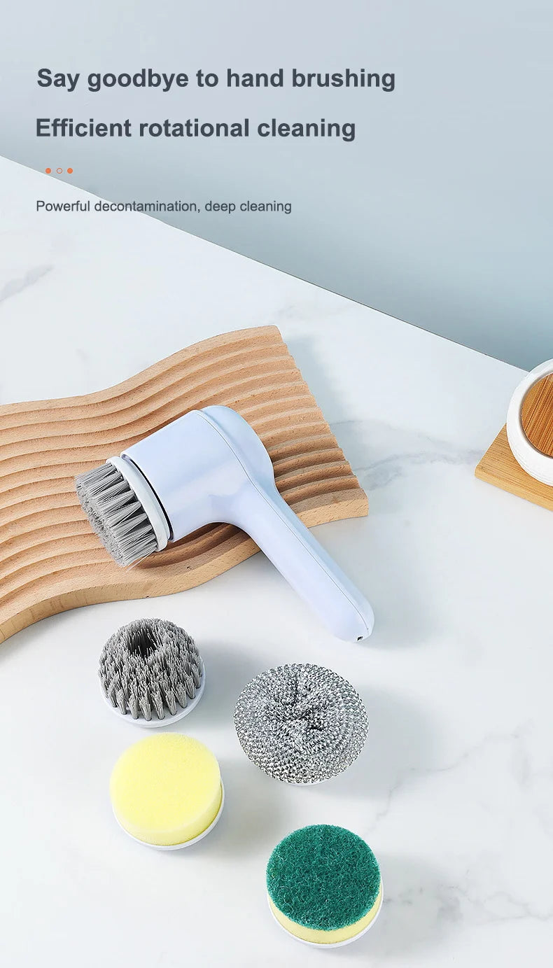 USB Electric Rotary Scrubber – 5 Brush Heads – Cordless Kitchen & Bathroom Cleaning Brush (White or Purple)