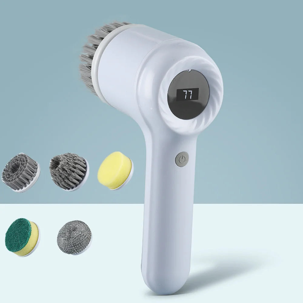 USB Electric Rotary Scrubber – 5 Brush Heads – Cordless Kitchen & Bathroom Cleaning Brush (White or Purple)