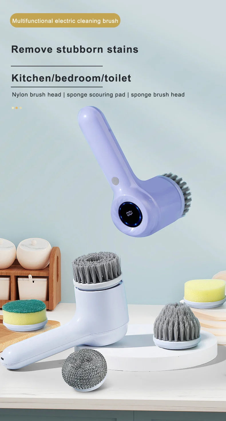USB Electric Rotary Scrubber – 5 Brush Heads – Cordless Kitchen & Bathroom Cleaning Brush (White or Purple)