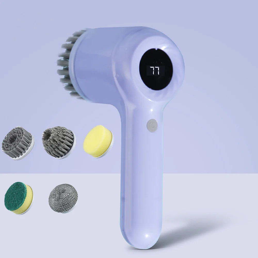 USB Electric Rotary Scrubber – 5 Brush Heads – Cordless Kitchen & Bathroom Cleaning Brush (White or Purple)