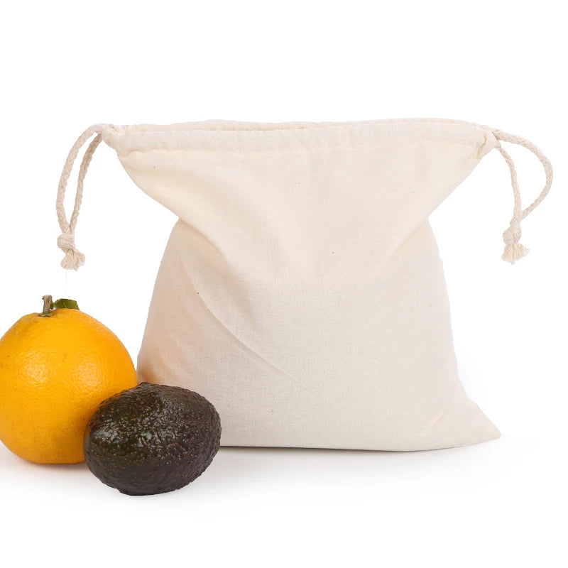 Reusable Produce Bags - Washable Organic Cotton & Non-Woven Drawstring Grocery Storage Bags for Fruits, Vegetables, and Bread - Set of 1, 3, or 6 Bags in Small, Medium & Large