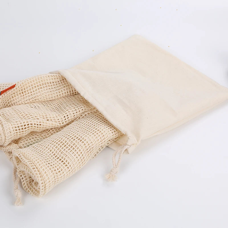 Reusable Produce Bags - Washable Organic Cotton & Non-Woven Drawstring Grocery Storage Bags for Fruits, Vegetables, and Bread - Set of 1, 3, or 6 Bags in Small, Medium & Large