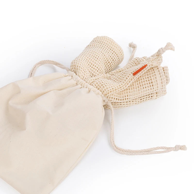 Reusable Produce Bags - Washable Organic Cotton & Non-Woven Drawstring Grocery Storage Bags for Fruits, Vegetables, and Bread - Set of 1, 3, or 6 Bags in Small, Medium & Large