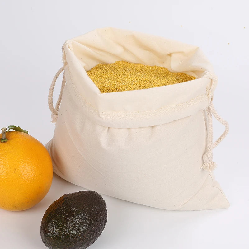 Reusable Produce Bags - Washable Organic Cotton & Non-Woven Drawstring Grocery Storage Bags for Fruits, Vegetables, and Bread - Set of 1, 3, or 6 Bags in Small, Medium & Large
