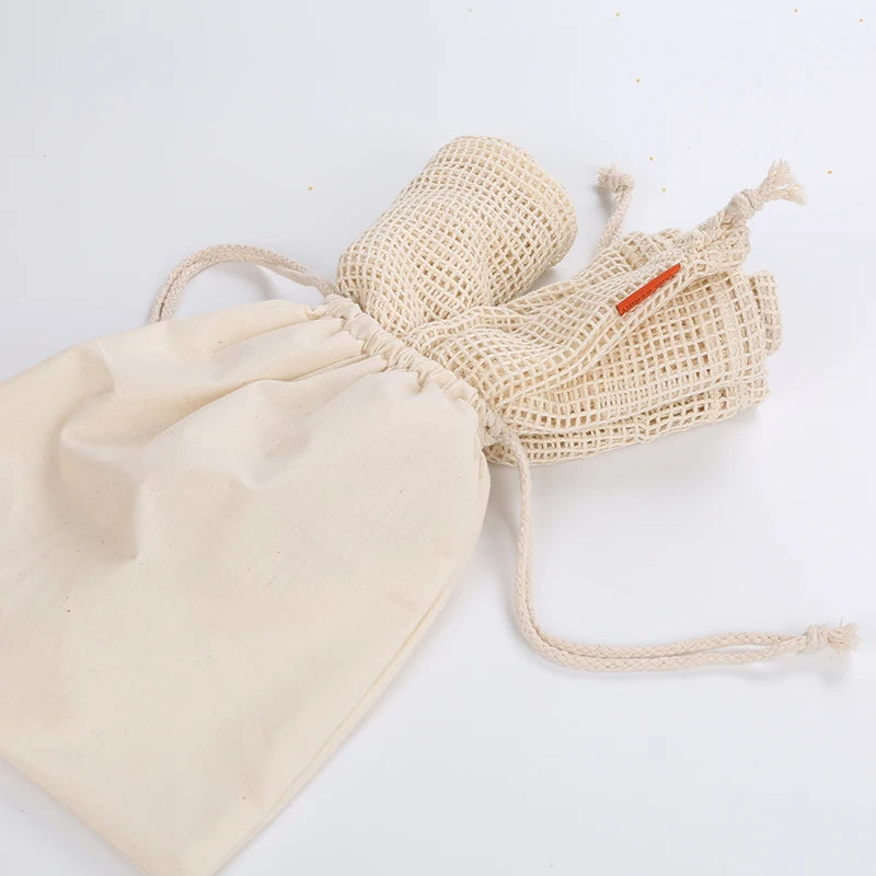 Reusable Produce Bags - Washable Organic Cotton & Non-Woven Drawstring Grocery Storage Bags for Fruits, Vegetables, and Bread - Set of 1, 3, or 6 Bags in Small, Medium & Large