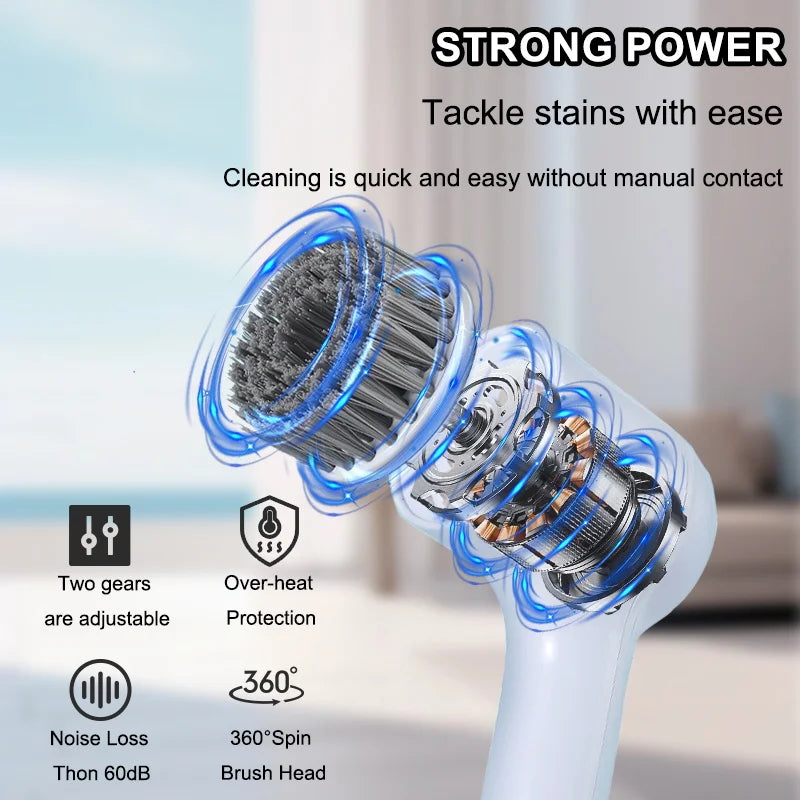 USB Electric Rotary Scrubber – 5 Brush Heads – Cordless Kitchen & Bathroom Cleaning Brush (White or Purple)
