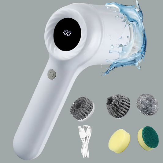 USB Electric Rotary Scrubber – 5 Brush Heads – Cordless Kitchen & Bathroom Cleaning Brush (White or Purple)